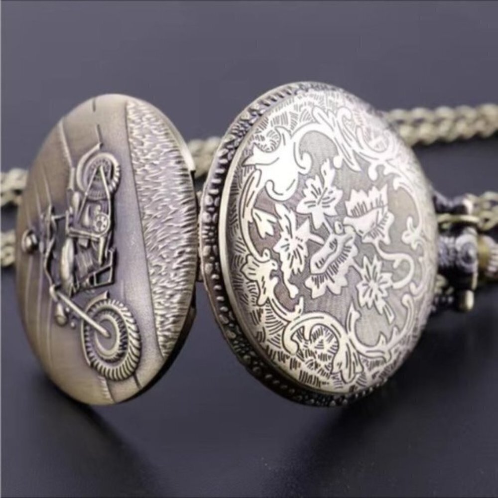Pocket Watch Motorcycle Skeleton Biker Steampunk Chain Quartz Analog Retro Gift - Picture 10 of 16
